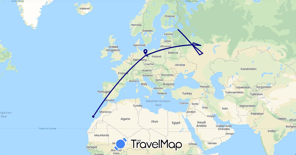 TravelMap itinerary: driving in Germany, Spain, Russia (Europe)